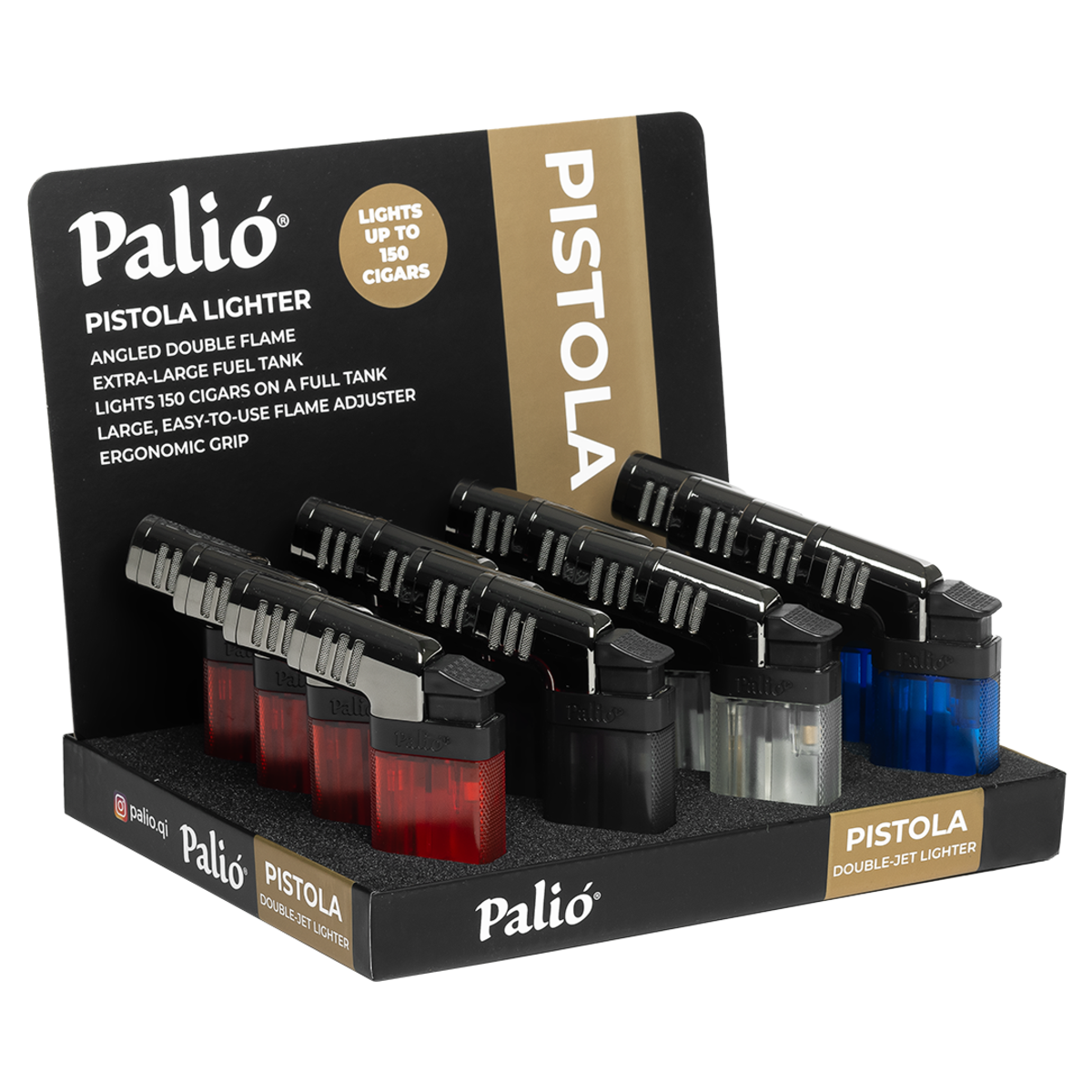 Palió Pistola Display of 16, Assorted Colors | Angled Dual Flame Torch Lighters