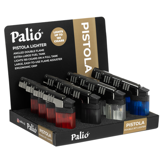 PaliĂł Pistola Display of 16, Assorted Colors | Angled Dual Flame Torch Lighters