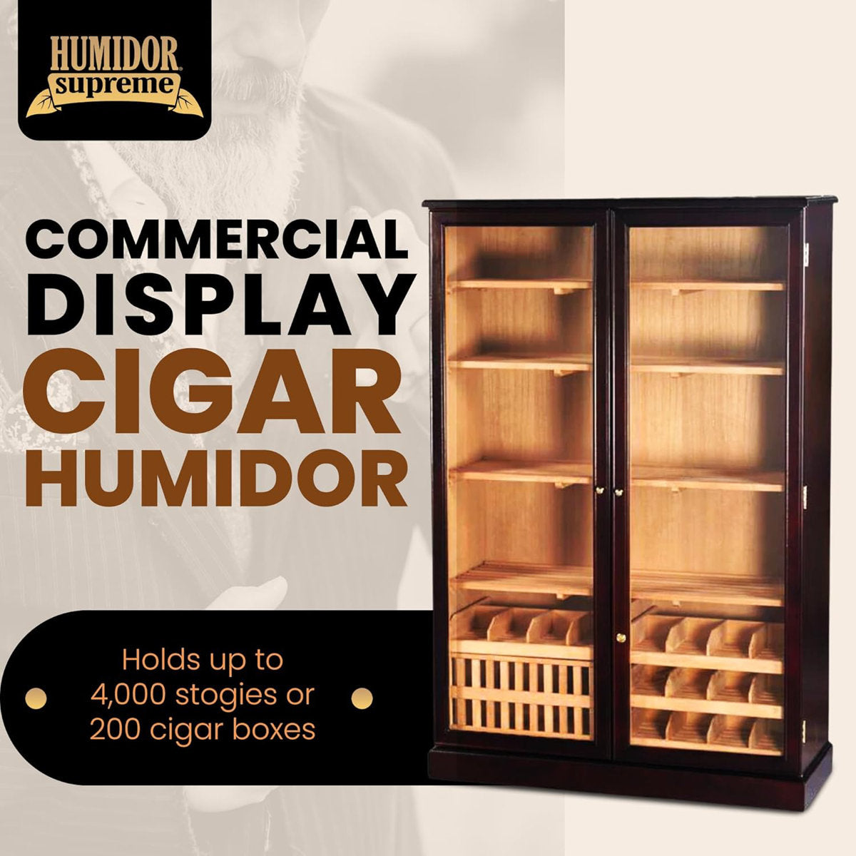 Commercial display cigar humidor with glass doors and shelves