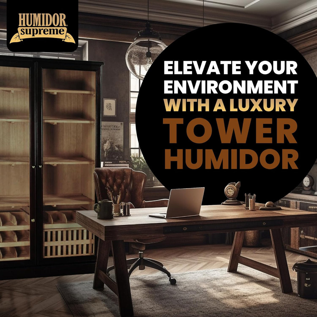 Luxury office setting with a cigar humidor tower