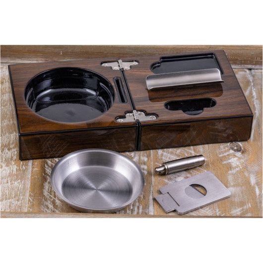 High Gloss Walnut Folding CigarAshtray Set with Accessories