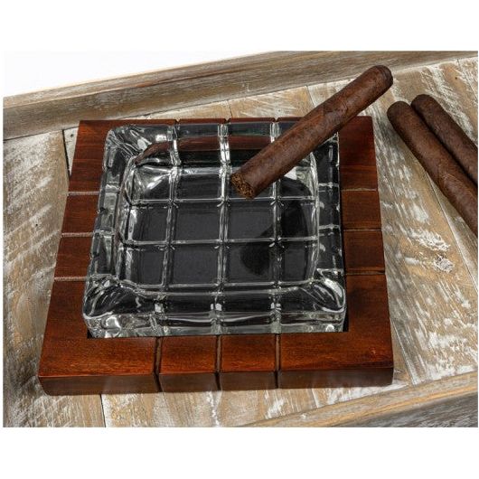 Cross-Hatched Crystal Cigar Ashtray on Wood Base