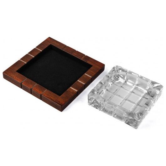 Cross-Hatched Crystal Cigar Ashtray on Wood Base