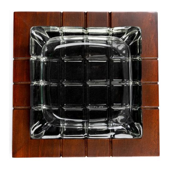 Cross-Hatched Crystal Cigar Ashtray on Wood Base