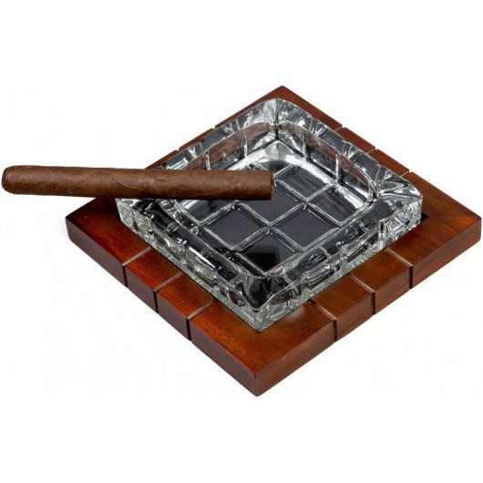 Cross-Hatched Crystal Cigar Ashtray on Wood Base
