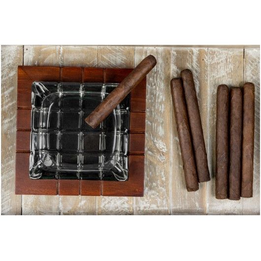 Cross-Hatched Crystal Cigar Ashtray on Wood Base