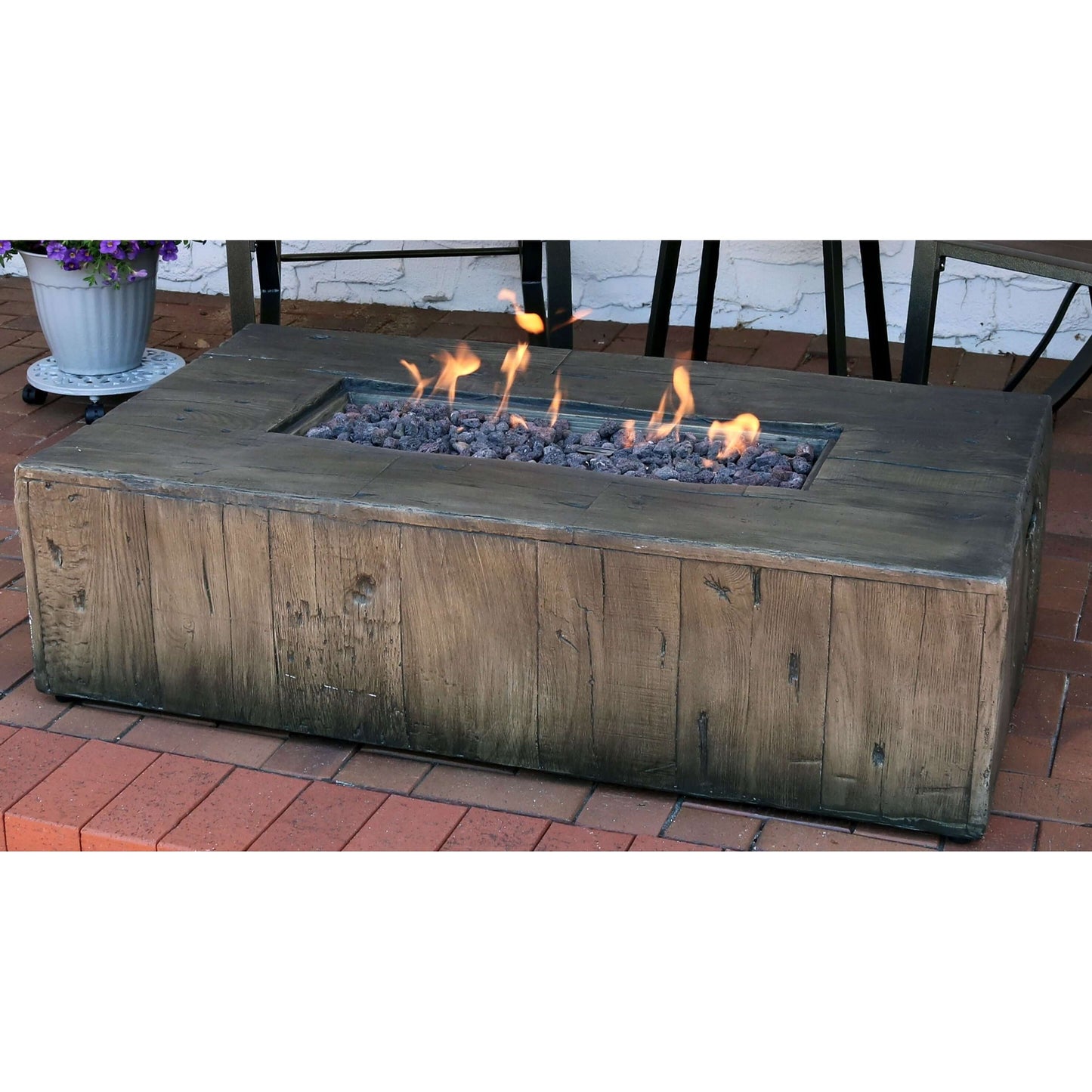 48" Rustic Faux Wood Fire Pit | Weather-Resistant Durable Cover and Lava Rocks | Smokeless