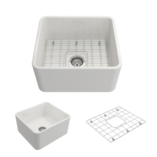 BOCCHI CLASSICO 20" Fireclay Farmhouse Single Bowl Kitchen Sink with Protective Bottom Grid and Strainer