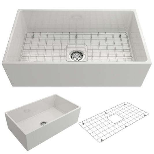 BOCCHI CONTEMPO 33" Fireclay Farmhouse Single Bowl Kitchen Sink with Protective Bottom Grid and Strainer