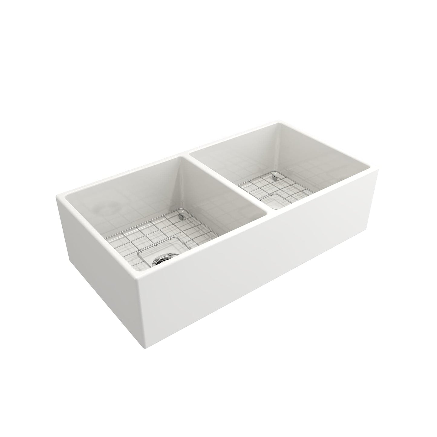 BOCCHI CONTEMPO 36" Fireclay Farmhouse Double Bowl Kitchen Sink with Protective Bottom Grid and Strainer