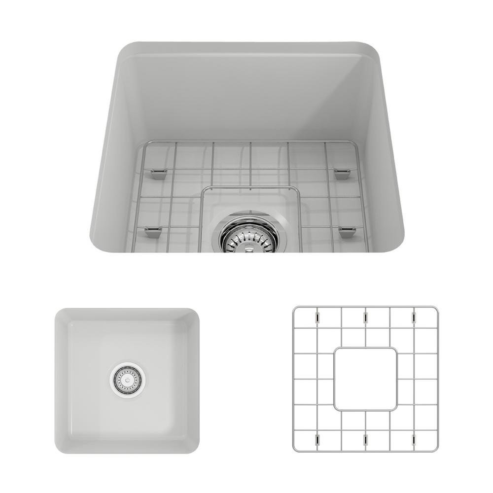 BOCCHI SOTTO 18" Fireclay Modern Undermount Single Bowl Kitchen Sink with Protective Bottom Grid and Strainer