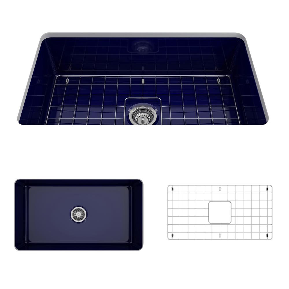 BOCCHI SOTTO 32" Fireclay Modern Undermount Single Bowl Kitchen Sink with Protective Bottom Grid and Strainer