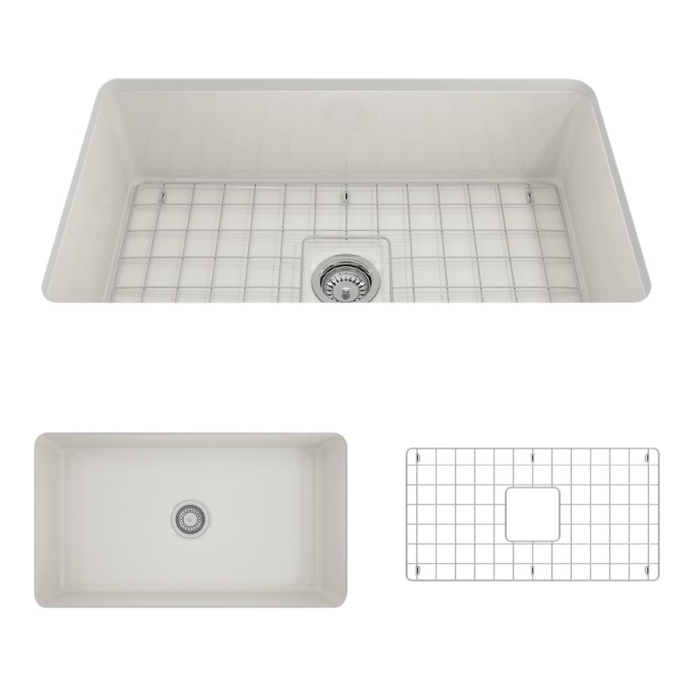 BOCCHI SOTTO 32" Fireclay Modern Undermount Single Bowl Kitchen Sink with Protective Bottom Grid and Strainer