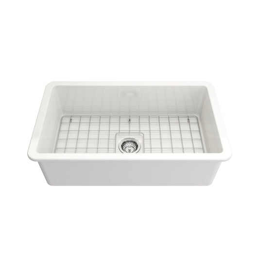 BOCCHI SOTTO 32" Fireclay Modern Undermount Single Bowl Kitchen Sink with Protective Bottom Grid and Strainer