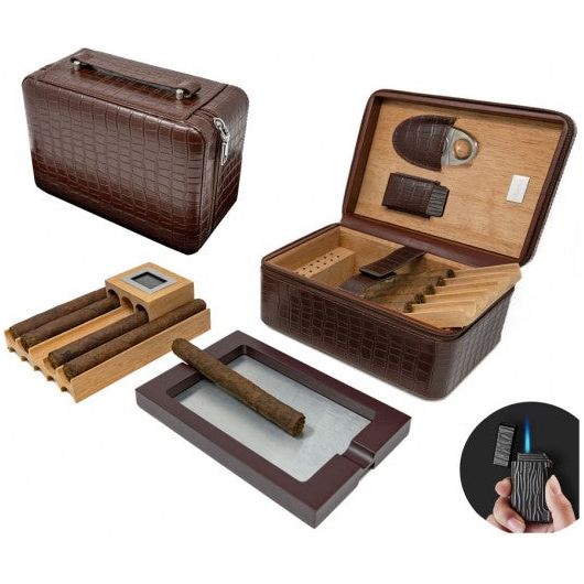 ManhattanXL Travel Humidor with Digital Hygro, Ashtray, Cutter, Lighter, Humidifier & Zipper | Holds 20 Cigars