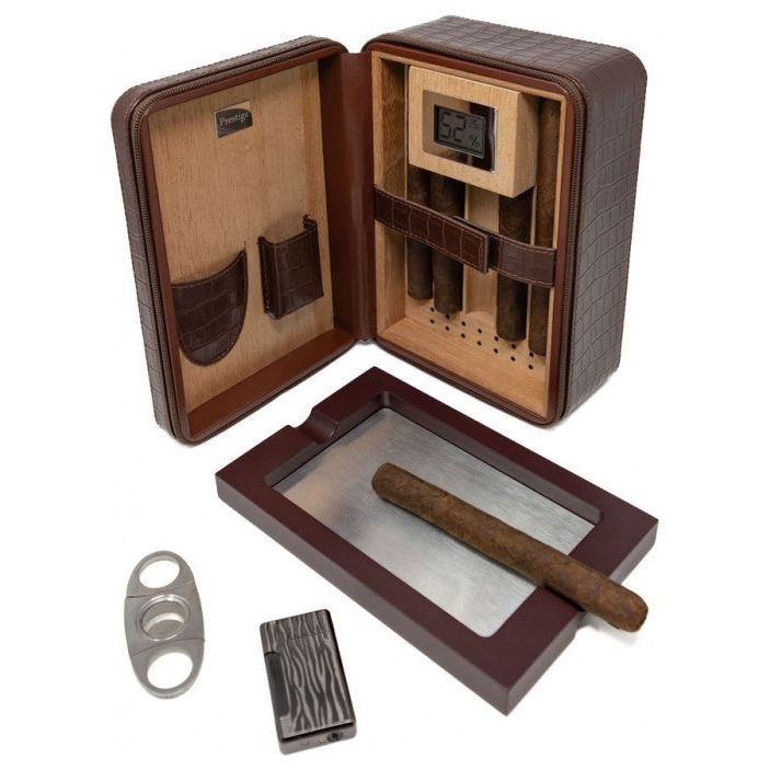 ManhattanXL Travel Humidor with Digital Hygro, Ashtray, Cutter, Lighter, Humidifier & Zipper | Holds 20 Cigars