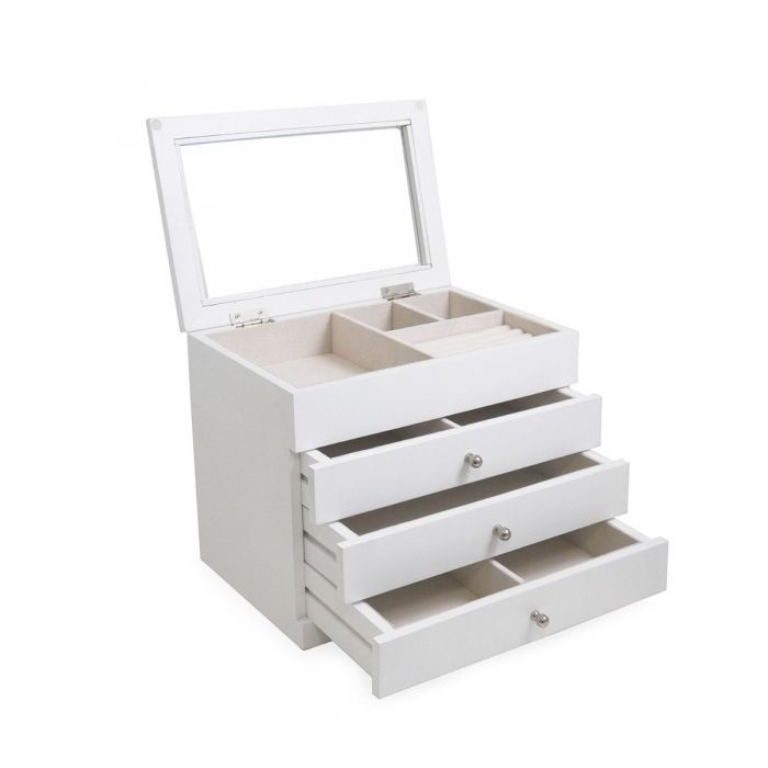 Bey-Berk Jewelry Box Chest | Drawers & Glass Top | White Wood | BB684WHT