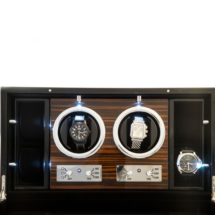 Bey-Berk 2-Watch Winder and 4 Watch Storage Case | Glass Face | Ebony Burlwood | BB650EBN
