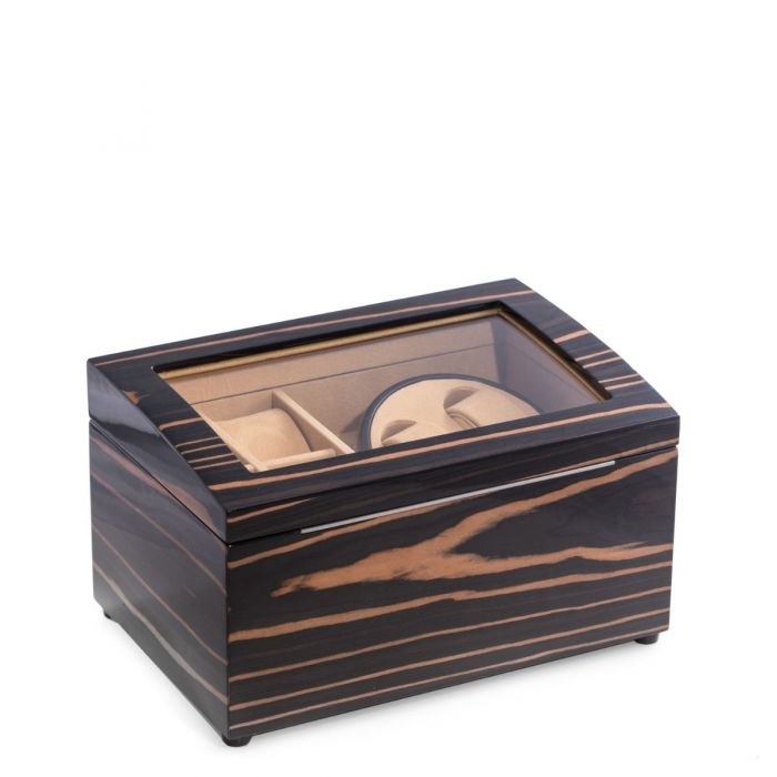 Bey-Berk 2-Watch Winder & 4-Watch Storage | Glass Top | Ebony Burl Wood | BB621EBN