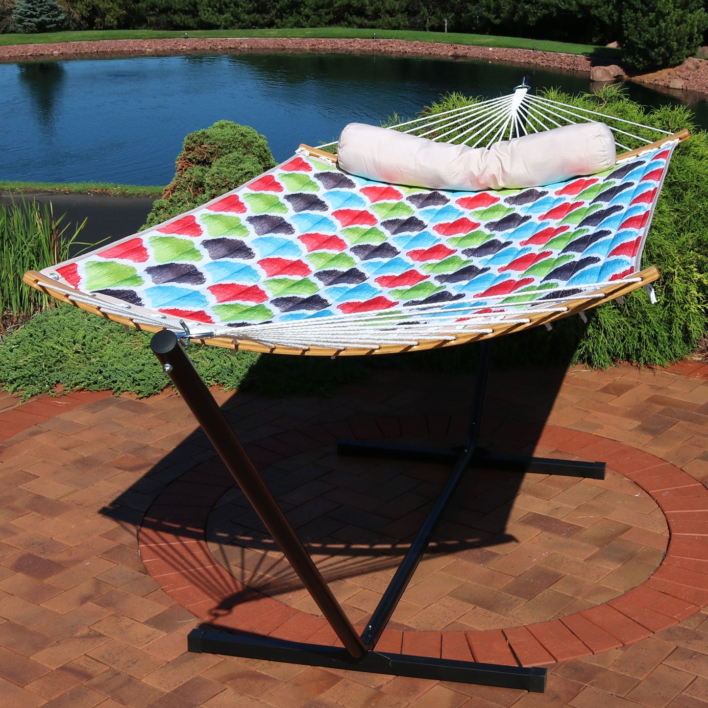 Quilted Hammock with Curved Bamboo Spreader Bar and Pillow
