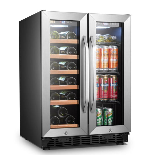 Lanbo 24" Wide, Dual Zone Wine Cooler & Beverage Center Combo | French Doors | Holds 18 Bottles & 55 Cans