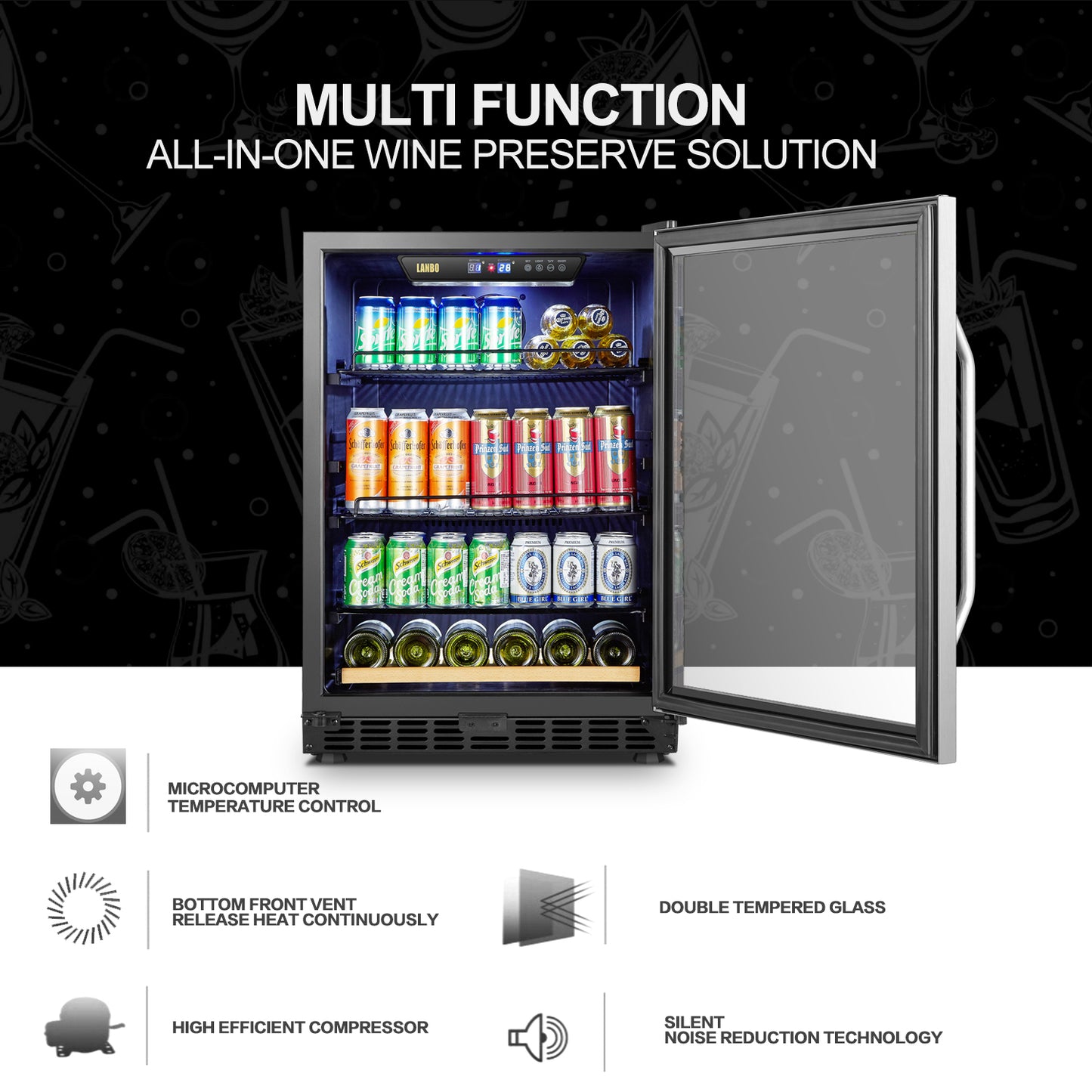 Lanbo 24" Wide Beverage Cooler | Holds 110 Cans & 6 Bottles