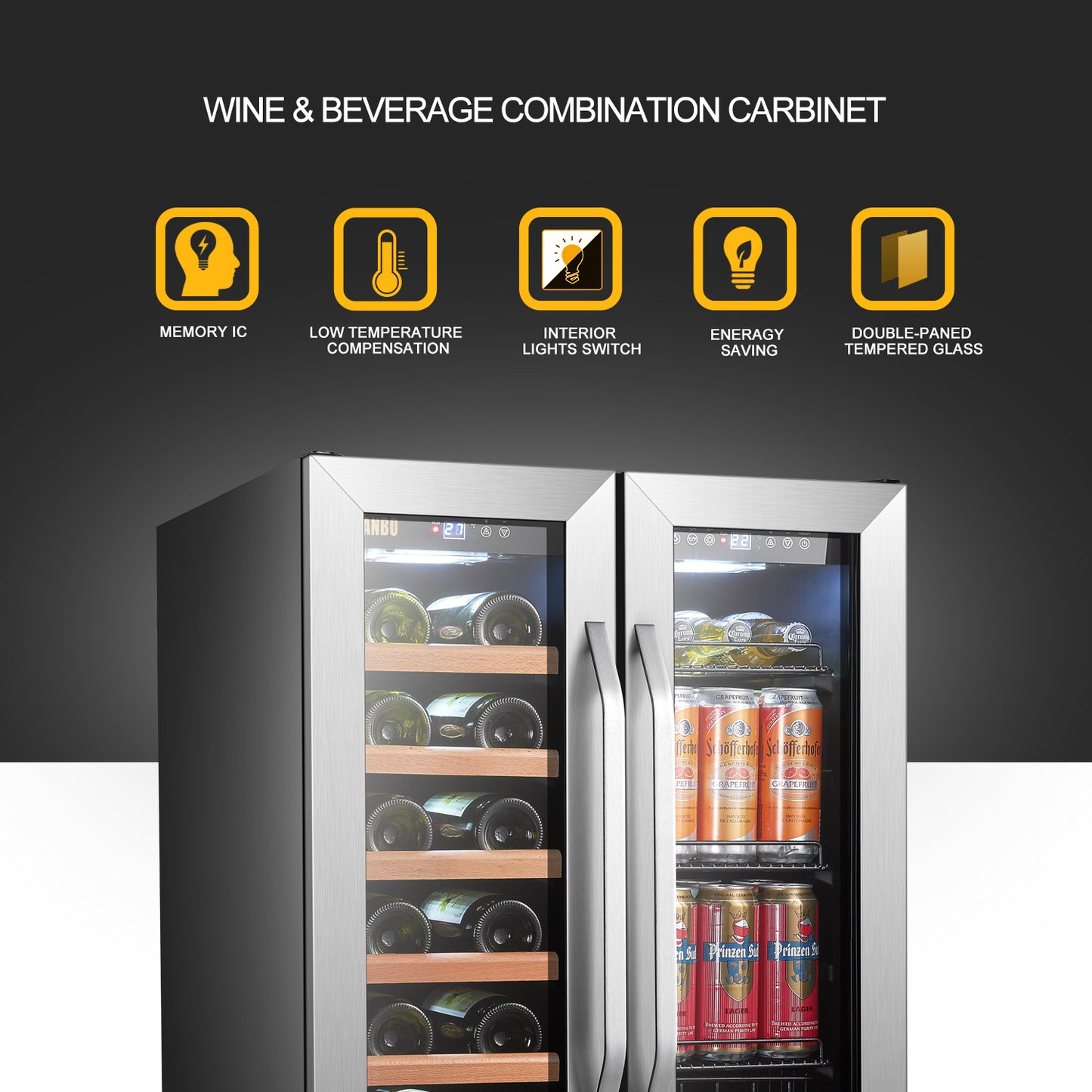 Lanbo 24" Wide, Dual Zone Wine Cooler & Beverage Center Combo | French Doors | Holds 18 Bottles & 55 Cans