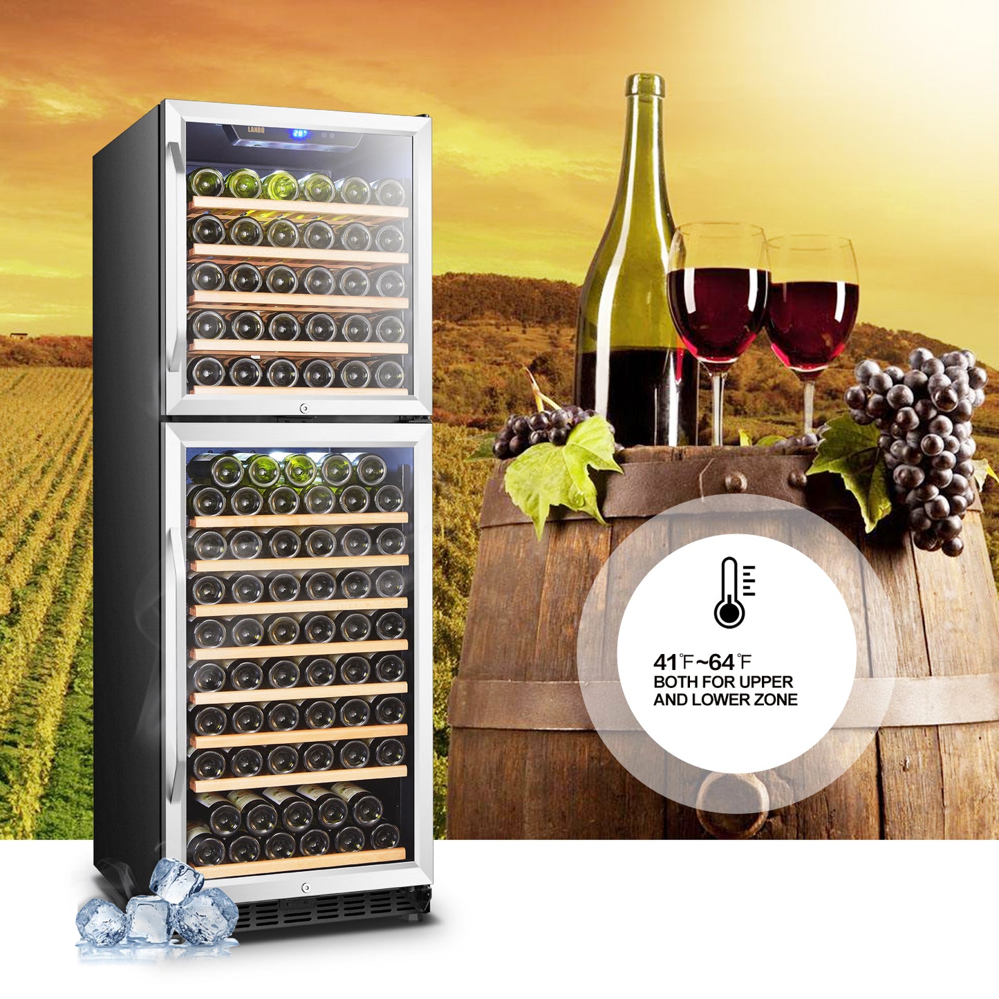 Lanbo 24" Wide, 162 Bottle Dual Zone Wine Cooler | Dual Doors