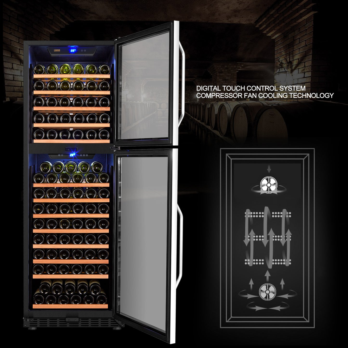 Lanbo 24" Wide, 162 Bottle Dual Zone Wine Cooler | Dual Doors