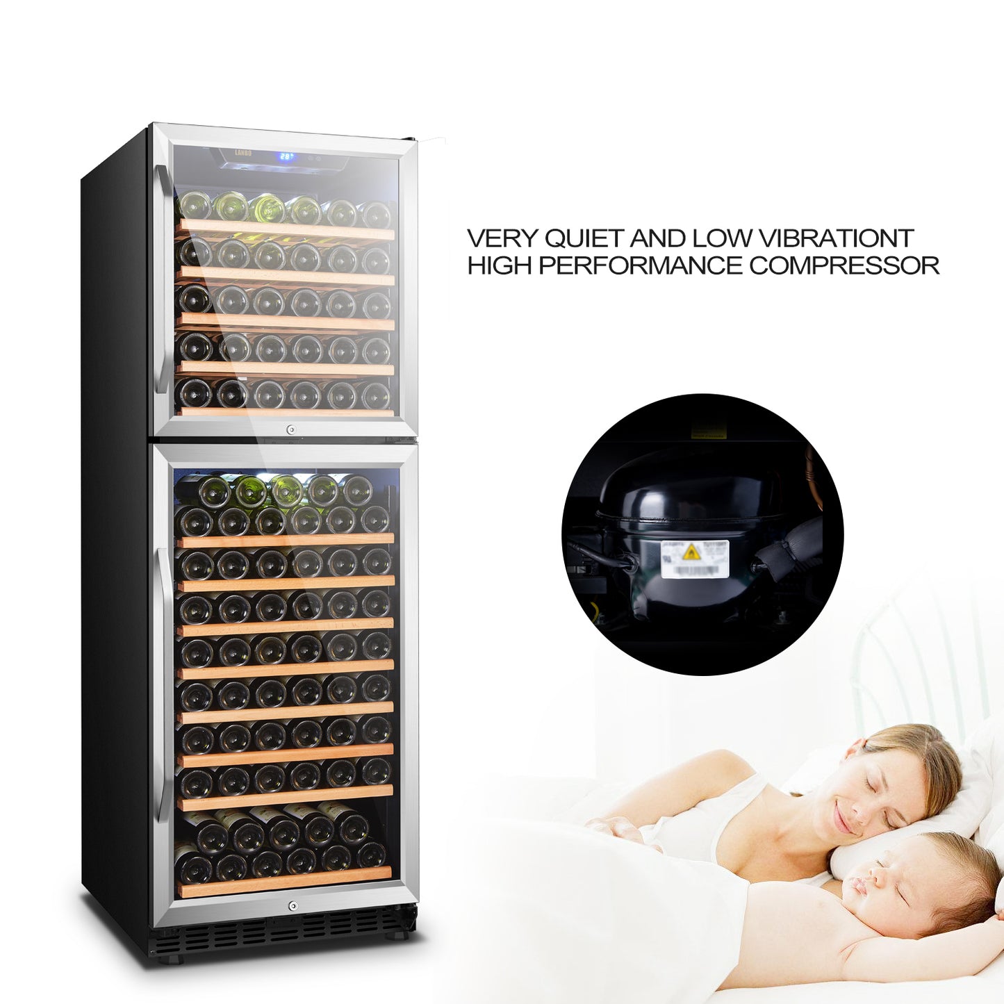 Lanbo 24" Wide, 162 Bottle Dual Zone Wine Cooler | Dual Doors