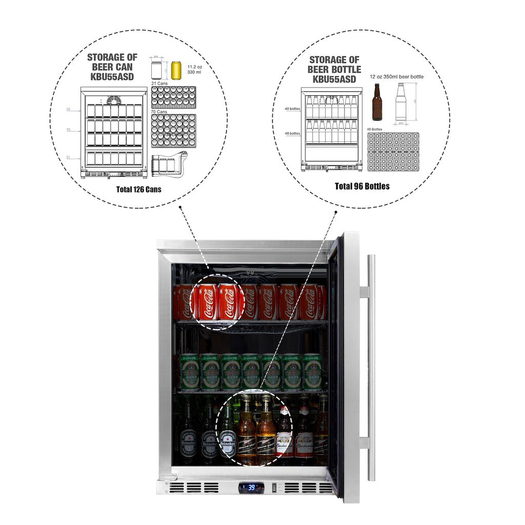 KingsBottle 24” Wide Beverage Center | Holds 126 Cans | Heated Glass Door | KBU55M