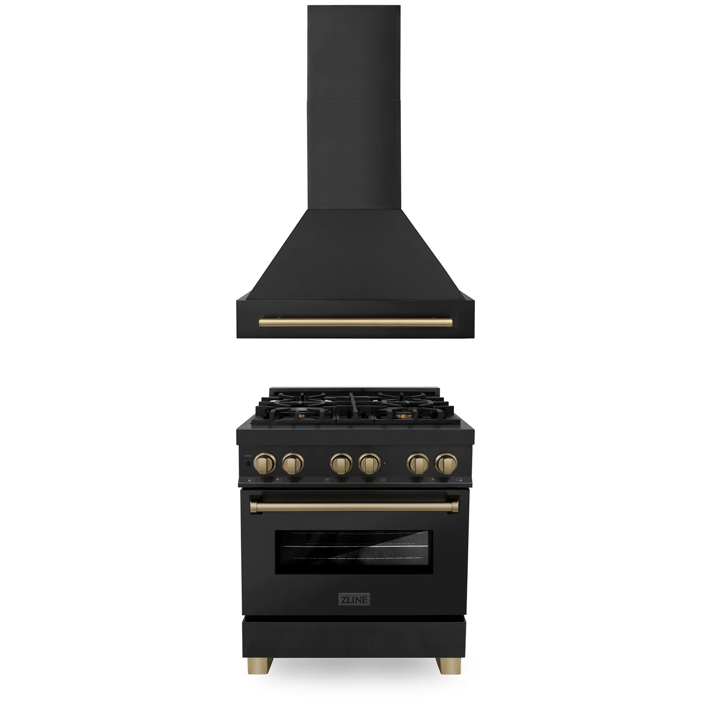 ZLINE 30" Autograph Edition Kitchen Package with Black Stainless Steel Dual Fuel Range and Range Hood with Accents