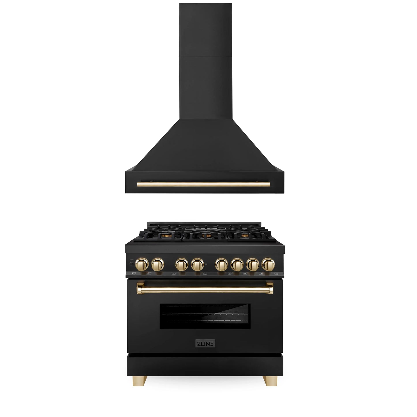 ZLINE 36" Autograph Edition Kitchen Package with Black Stainless Steel Dual Fuel Range and Range Hood with Gold Accents