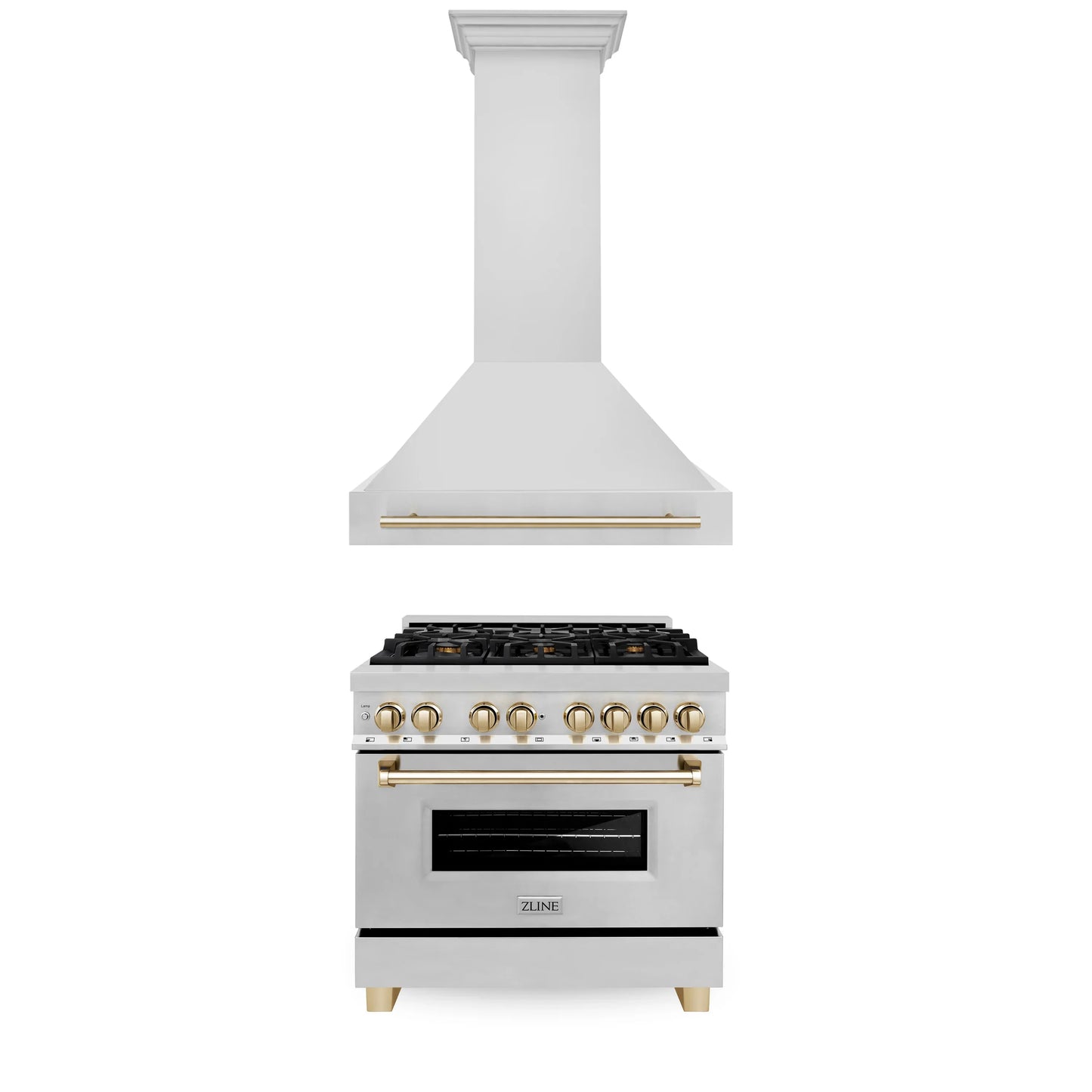 ZLINE 36" Autograph Edition Kitchen Package with Stainless Steel Dual Fuel Range and Range Hood with Accents