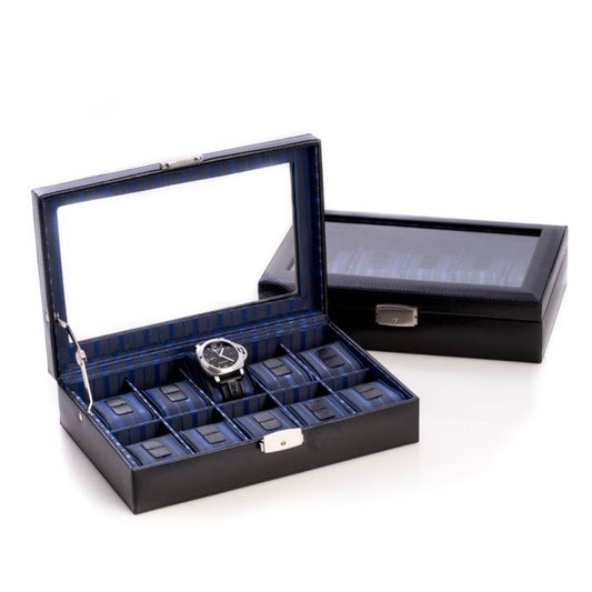 Bey-Berk 10-Watch Case | Glass Top | Black Leather | BB632BLK