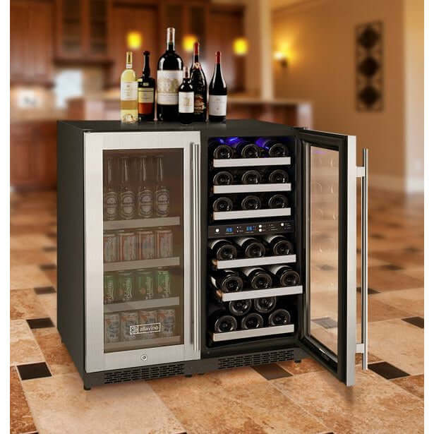Allavino 30” Wide Triple Zone Side-by-Side Wine & Beverage Center Combo | Holds 30 Bottles/88 Cans | Tru-Vino Technology and FlexCount II Shelving
