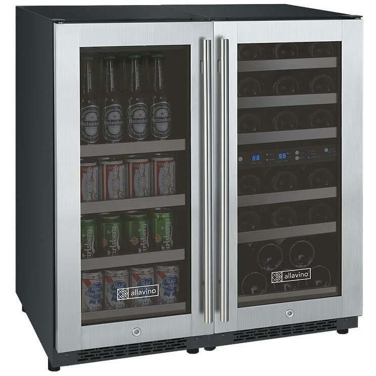 Allavino 30” Wide Triple Zone Side-by-Side Wine & Beverage Center Combo | Holds 30 Bottles/88 Cans | Tru-Vino Technology and FlexCount II Shelving