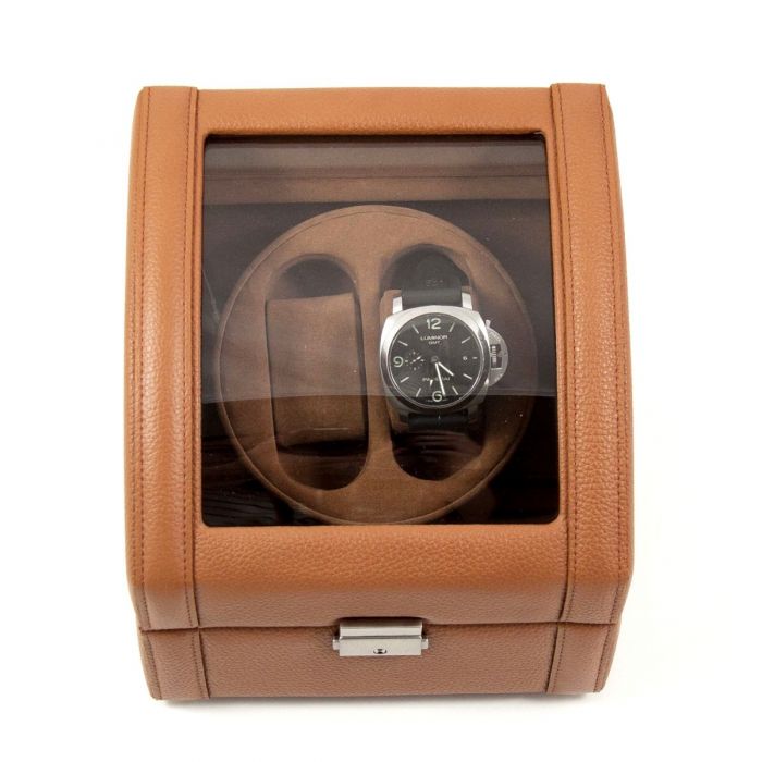 Bey-Berk 2-Watch Winder | Glass Top | Tan Leather | BB585TAN