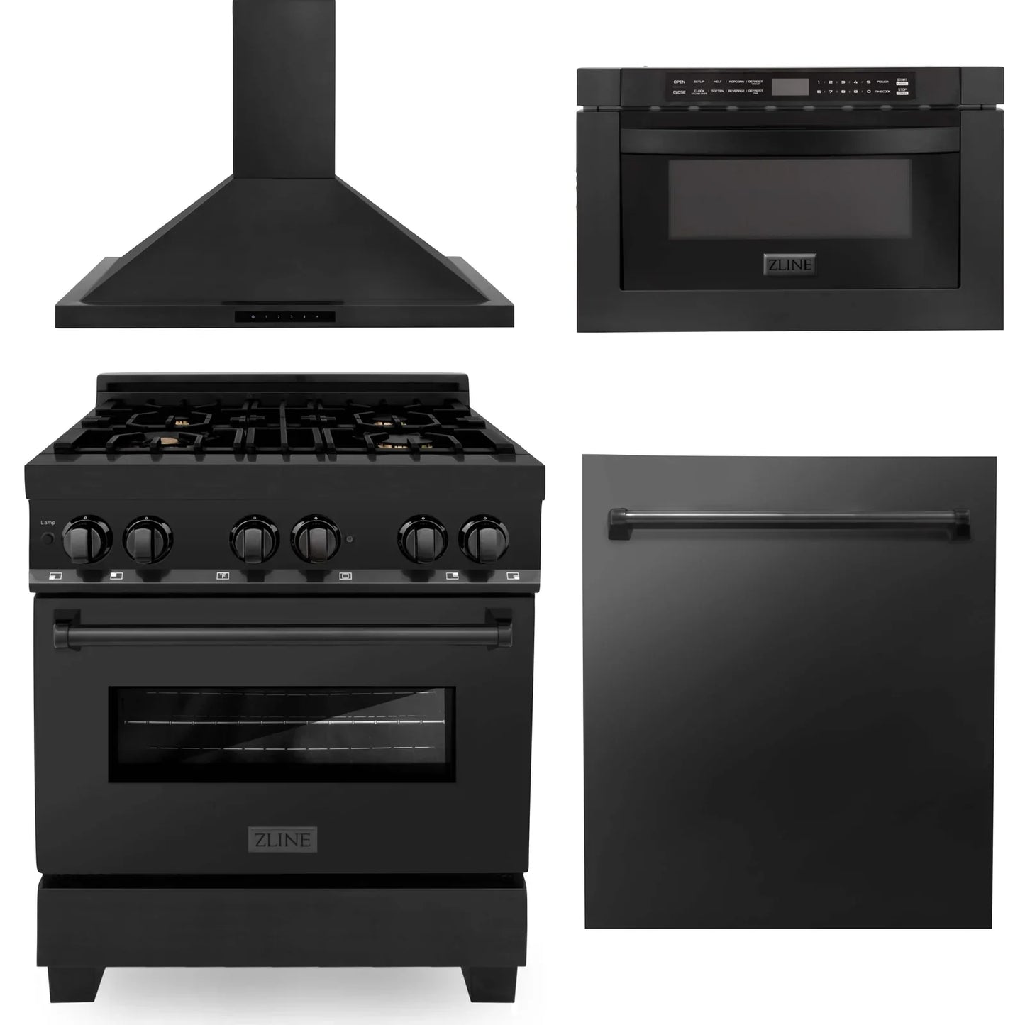 ZLINE 4 Piece Kitchen Package | Dual Fuel Range | Range Hood | Microwave Drawer | Dishwasher