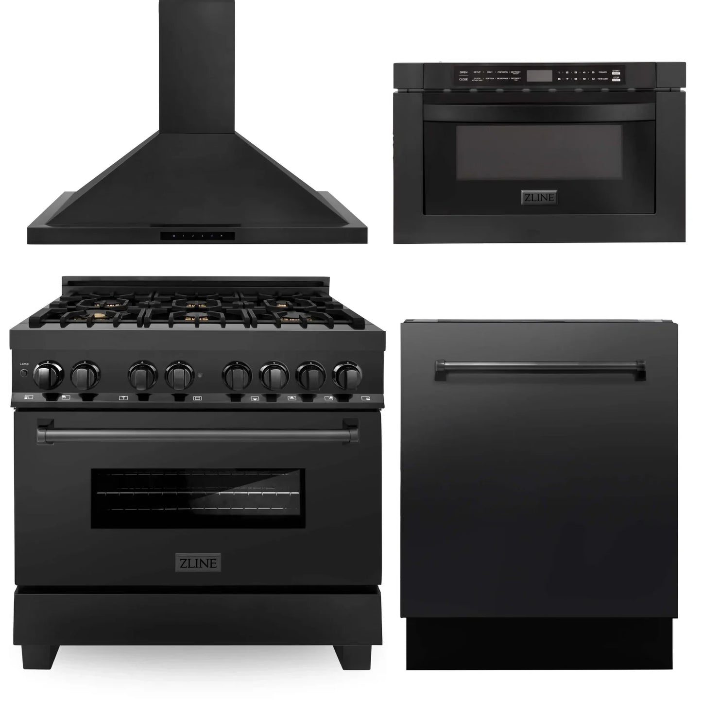 ZLINE 4 Piece Kitchen Package | Dual Fuel Range | Range Hood | Microwave Drawer | Dishwasher