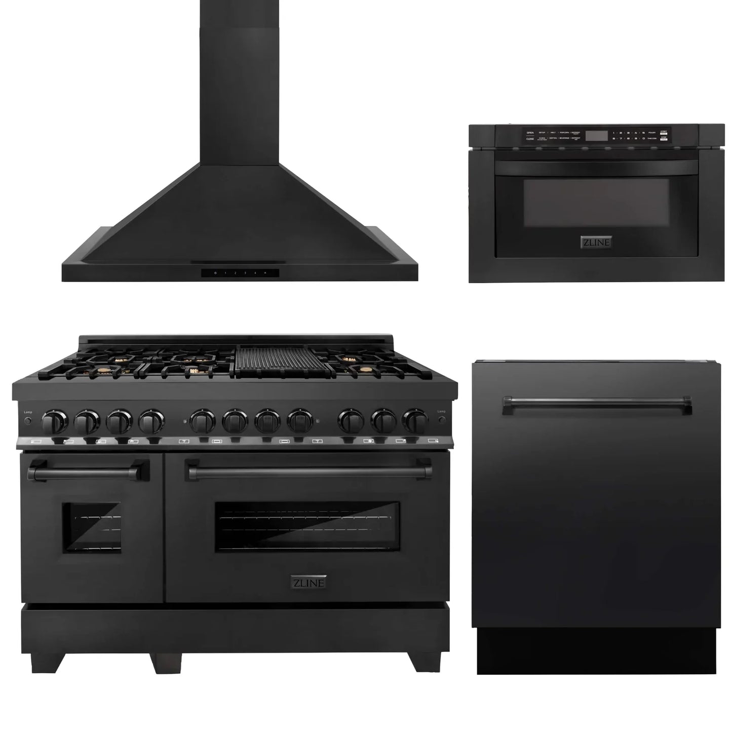 ZLINE 4 Piece Kitchen Package | Dual Fuel Range | Range Hood | Microwave Drawer | Dishwasher
