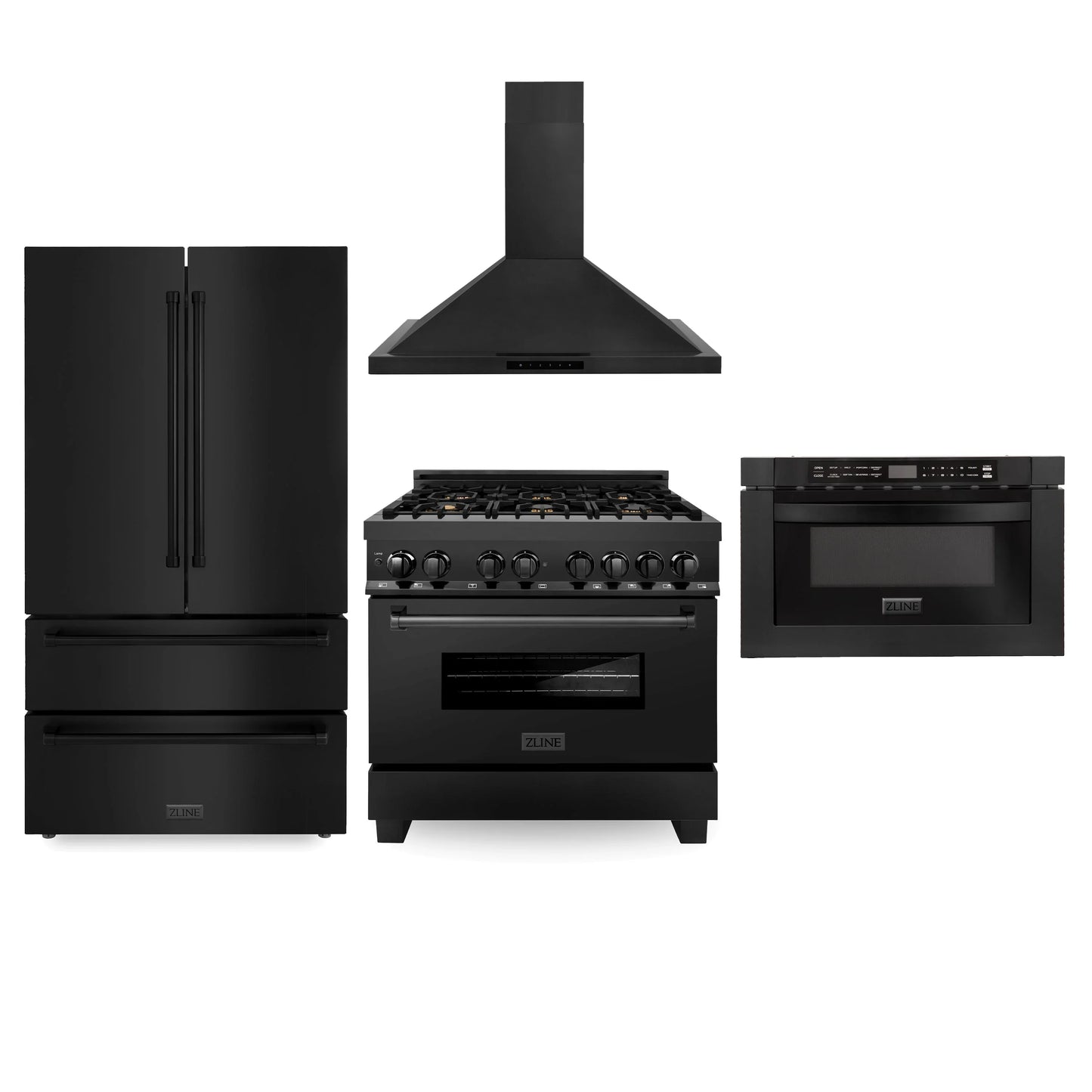 ZLINE 4 Piece Kitchen Package | Refrigerator | Dual Fuel Range | Range Hood | Microwave Drawer