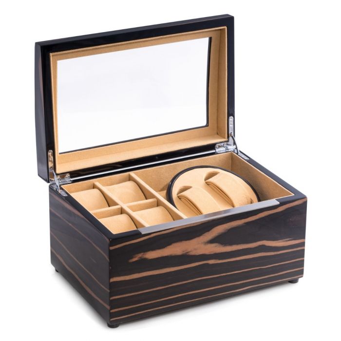 Bey-Berk 2-Watch Winder & 4-Watch Storage | Glass Top | Ebony Burl Wood | BB621EBN