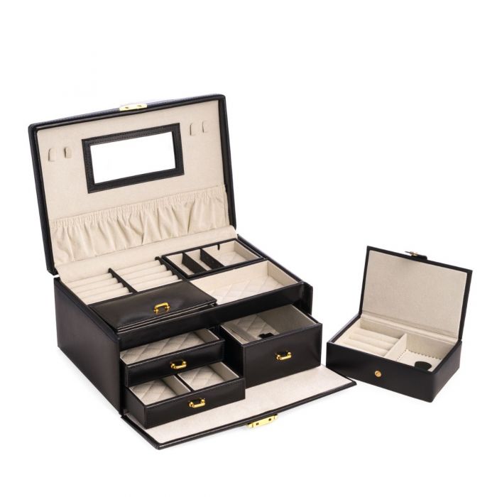 Bey-Berk 2 Level Jewelry Box | Multi-Drawers | Black Leather | BB564BLK