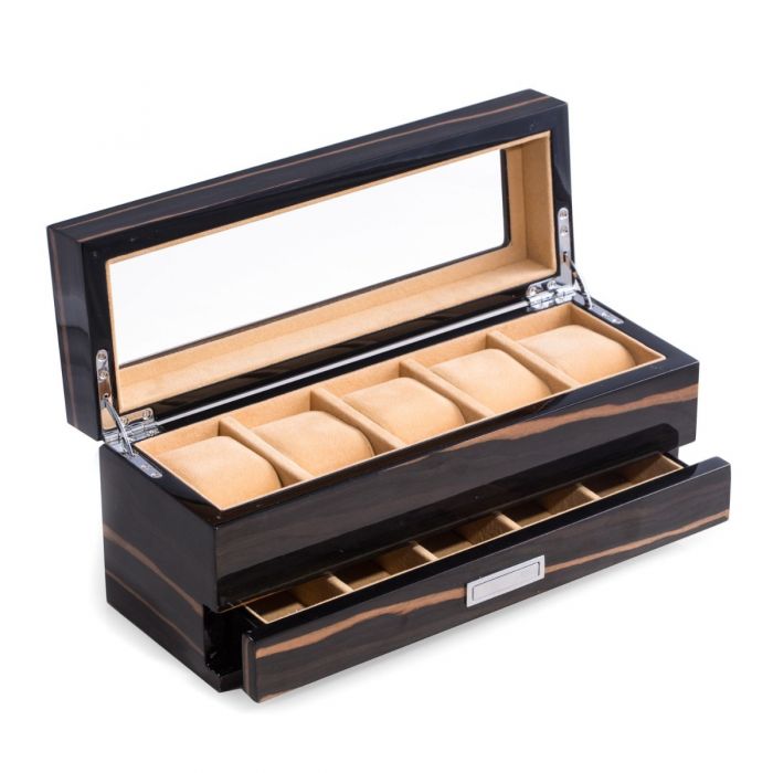Bey-Berk 5-Watch Box | Glass Top | Compartment Accessory Drawers | Ebony Wood | BB647EBN