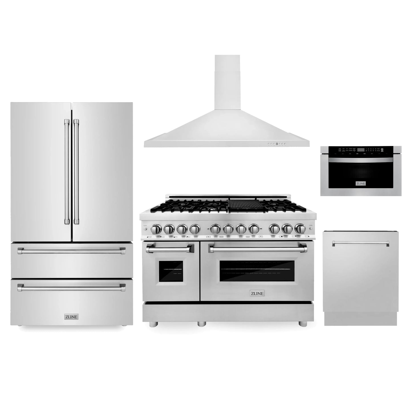 ZLINE 5 Piece Kitchen Package | Dual Fuel Range | Range Hood | Microwave Drawer | Refrigerator | Dishwasher