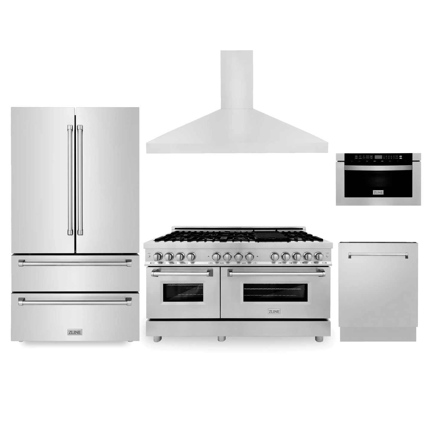 ZLINE 5 Piece Kitchen Package | Dual Fuel Range | Range Hood | Microwave Drawer | Refrigerator | Dishwasher