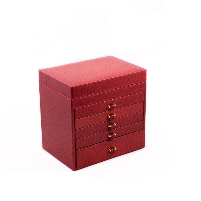 Bey-Berk Jewelry Box Chest | Drawers and Travel Case | Red Ostrich Leather | BB589RED