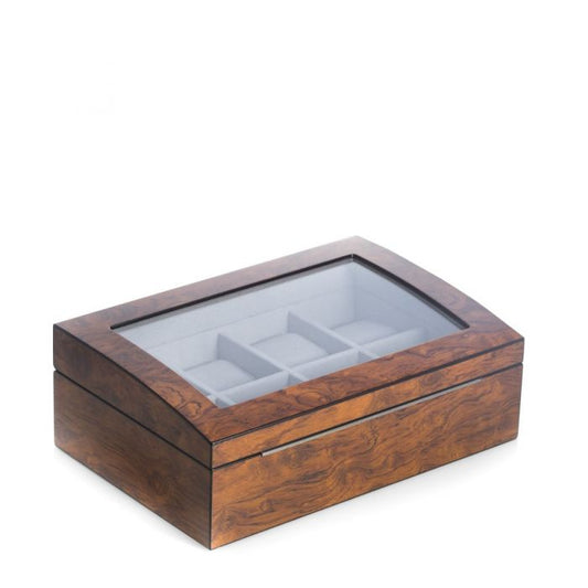 Bey-Berk 8-Watch Case | Glass Top | Lacquered Brown Burl Wood | BB680BRL
