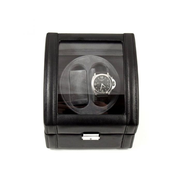 Bey-Berk 2-Watch Winder | Glass Top | Black Leather | BB585BLK